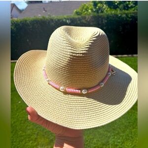 Juicy Couture Beige Straw Hat with Pink Beaded Band Panama or cowboy style NWT